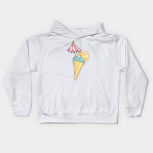 Ice cream waffles and cherries on light blue Kids Hoodie